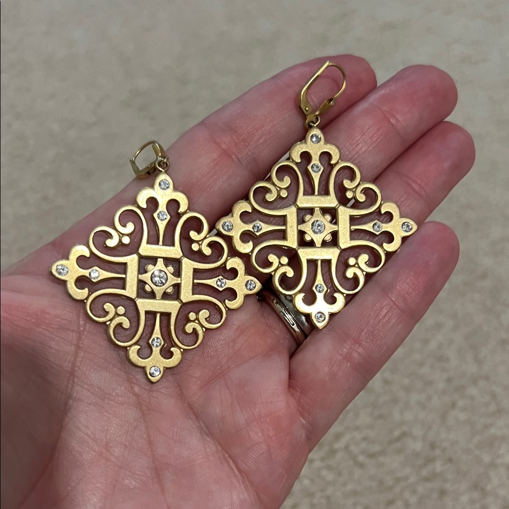 La Vie Ornate Gold Drop Earrings with Crystal Accents
